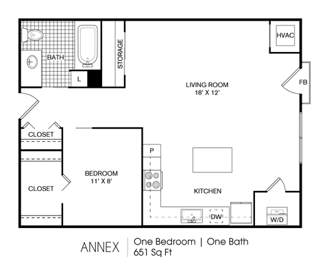 Floor plan for 1 bed, 1 bath, 651 sqft